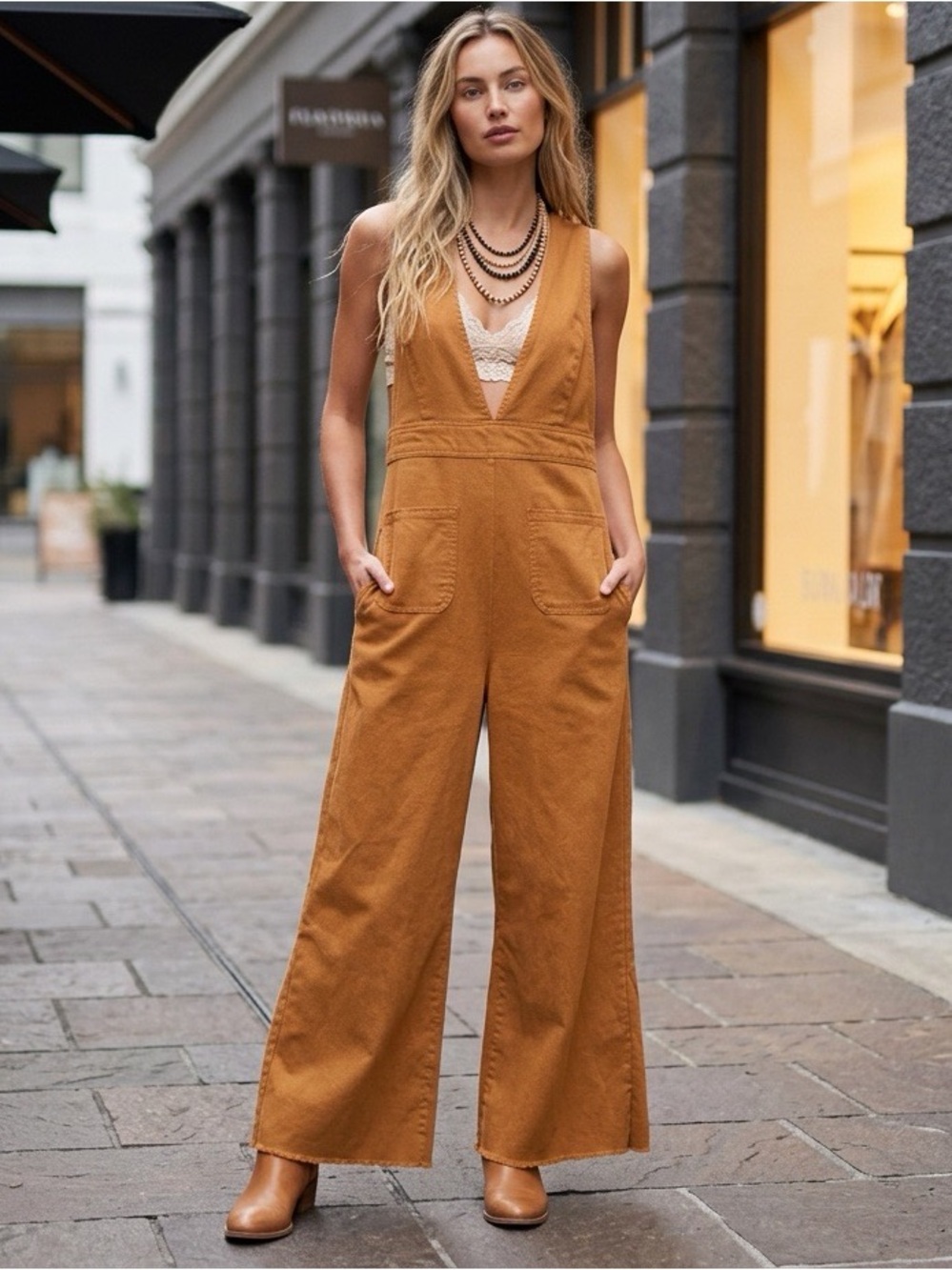 Sincerely Jules Rust Orange Wide Leg Overalls Jumpsuit Deep V XL